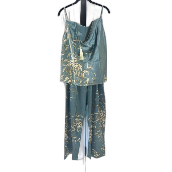 Source Unknown Pants - Silky Satin Floral 2 Piece Set XL | Cowl Neck Cami + Wide Leg Pants Cottagecore